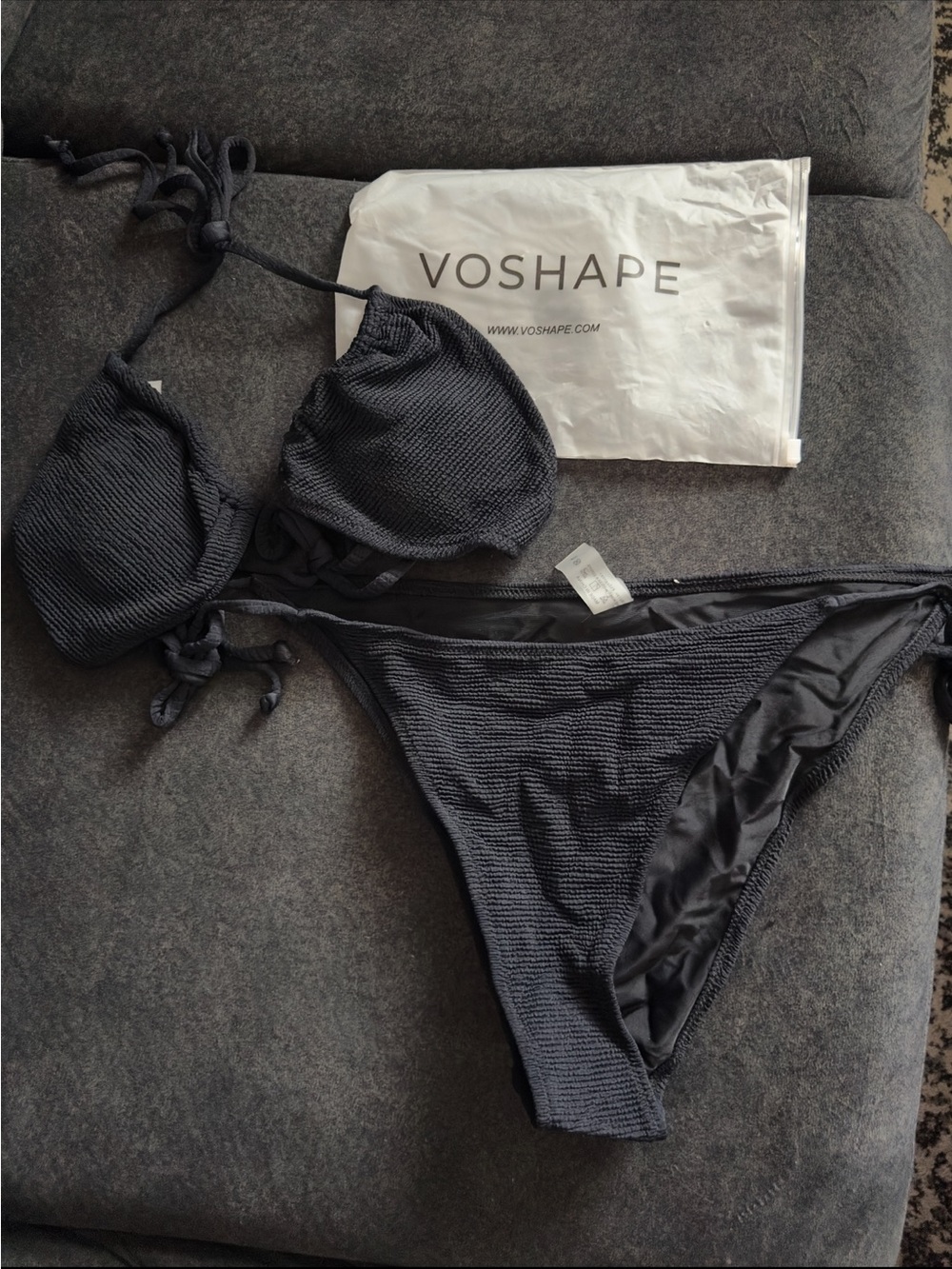 Voshape Black Textured Tie Bikini Set - Women's Swimwear
